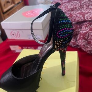 Black Ankle-Strap High Heel Pumps with Multicolor Rhinestones